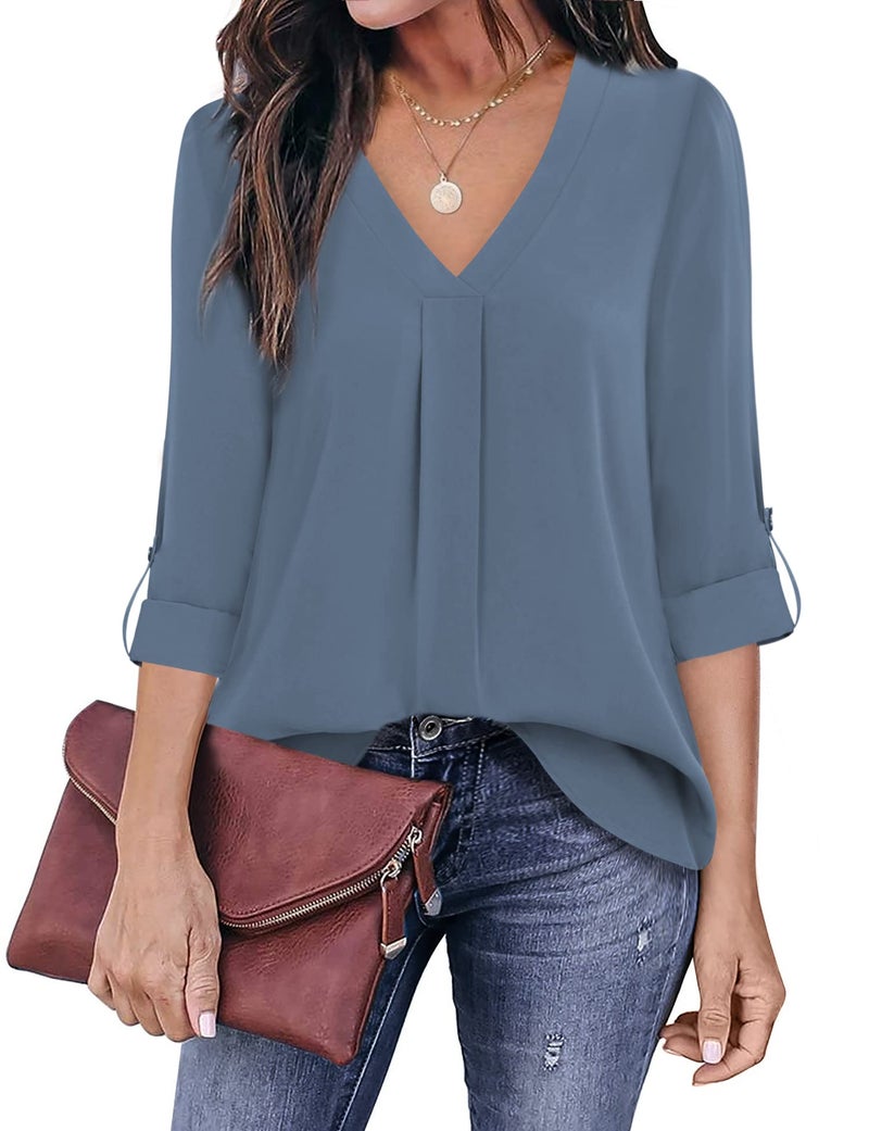 Youtalia Women 3/4 Sleeve Tops, Ladies Chiffon V Neck Blouse Pleated Curved Hem Casual Tunic Tops (XX-Large, Blue Grey) - Image 2